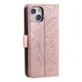 For iPhone 15 Plus Totem Flower Embossed Leather Phone Case(Rose Gold)