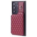 For Samsung Galaxy S22 Ultra 5G Grid Texture Card Bag Phone Case with Lanyard(Red)