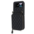 For Samsung Galaxy Z Flip4 Rhombic Texture Card Bag Phone Case with Dual Lanyard(Black)