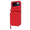 For Samsung Galaxy Z Flip4 Rhombic Texture Card Bag Phone Case with Dual Lanyard(Red)