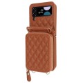 For Samsung Galaxy Z Flip4 Rhombic Texture Card Bag Phone Case with Dual Lanyard(Brown)