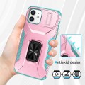 For iPhone 12 / 12 Pro Sliding Camshield Holder Phone Case(Pink + Grey Green)