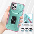 For iPhone 12 Pro Max Sliding Camshield Holder Phone Case(Grey Green + Pink)