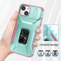 For iPhone 14 Sliding Camshield Holder Phone Case(Grey Green + Pink)