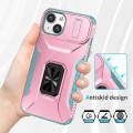 For iPhone 14 Plus Sliding Camshield Holder Phone Case(Pink + Grey Green)