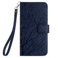 For Samsung Galaxy S22 Ultra 5G Tree Birds Embossed Pattern Leather Phone Case(Blue)