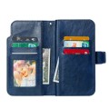 For iPhone 15 Plus Tri-Fold 9-Card Wallets Leather Phone Case(Blue)