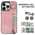 For iPhone 15 Pro Max Retro Ring and Zipper RFID Card Slot Phone Case(Pink)