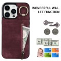 For iPhone 15 Pro Max Retro Ring and Zipper RFID Card Slot Phone Case(Wine Red)