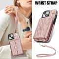 For iPhone 15 Plus Crossbody Rhombic Horizontal Wallet Leather Phone Case(Rose Gold)