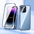 For iPhone 15 Magnetic Double-buckle HD Tempered Glass Phone Case(Blue)