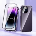 For iPhone 15 Magnetic Double-buckle HD Tempered Glass Phone Case(Purple)