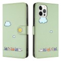 For iPhone 12 / 12 Pro Cartoon Cats Leather Phone Case(Green)