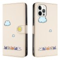 For iPhone 15 Pro Cartoon Cats Leather Phone Case(Beige White)