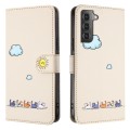 For Samsung Galaxy S21 5G Cartoon Cats Leather Phone Case(Beige White)