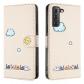 For Samsung Galaxy S21 FE 5G Cartoon Cats Leather Phone Case(Beige White)