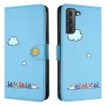 For Samsung Galaxy S22+ 5G Cartoon Cats Leather Phone Case(Blue)