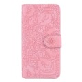 For iPhone 15 Mandala Embossed Dual-Fold Calf Leather Phone Case(Pink)