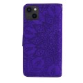 For iPhone 15 Mandala Embossed Dual-Fold Calf Leather Phone Case(Purple)