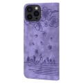 For iPhone 15 Pro Cartoon Sakura Cat Embossed Leather Phone Case(Purple)