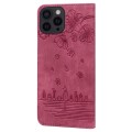 For iPhone 15 Pro Cartoon Sakura Cat Embossed Leather Phone Case(Wine Red)