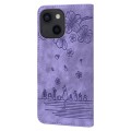 For iPhone 15 Plus Cartoon Sakura Cat Embossed Leather Phone Case(Purple)
