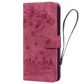 For iPhone 15 Plus Cartoon Sakura Cat Embossed Leather Phone Case(Wine Red)