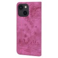 For iPhone 15 Cartoon Sakura Cat Embossed Leather Phone Case(Rose Red)