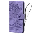 For iPhone 15 Cartoon Sakura Cat Embossed Leather Phone Case(Purple)