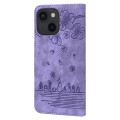 For iPhone 15 Cartoon Sakura Cat Embossed Leather Phone Case(Purple)