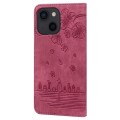 For iPhone 15 Cartoon Sakura Cat Embossed Leather Phone Case(Wine Red)