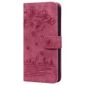 For iPhone 14 Cartoon Sakura Cat Embossed Leather Phone Case(Wine Red)