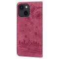 For iPhone 14 Cartoon Sakura Cat Embossed Leather Phone Case(Wine Red)