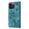 For iPhone 15 Pro Butterfly Cat Embossing Flip Leather Phone Case(Wathet)
