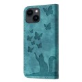 For iPhone 15 Butterfly Cat Embossing Flip Leather Phone Case(Wathet)