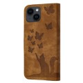 For iPhone 15 Butterfly Cat Embossing Flip Leather Phone Case(Brown)