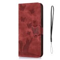 For iPhone 14 Plus Butterfly Cat Embossing Flip Leather Phone Case(Red)