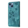 For iPhone 13 Butterfly Cat Embossing Flip Leather Phone Case(Wathet)