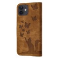 For iPhone 12 / 12 Pro Butterfly Cat Embossing Flip Leather Phone Case(Brown)