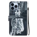 For iPhone 13 Pro Crystal Texture Colored Drawing Leather Phone Case(Cat Tiger Reflection)