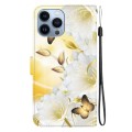 For iPhone 13 Pro Crystal Texture Colored Drawing Leather Phone Case(Gold Butterfly Epiphyllum)