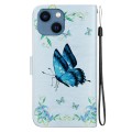 For iPhone 14 Crystal Texture Colored Drawing Leather Phone Case(Blue Pansies)