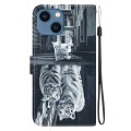 For iPhone 14 Plus Crystal Texture Colored Drawing Leather Phone Case(Cat Tiger Reflection)