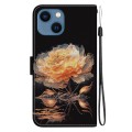 For iPhone 15 Crystal Texture Colored Drawing Leather Phone Case(Gold Peony)