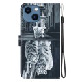 For iPhone 15 Plus Crystal Texture Colored Drawing Leather Phone Case(Cat Tiger Reflection)