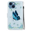 For iPhone 15 Plus Crystal Texture Colored Drawing Leather Phone Case(Blue Pansies)