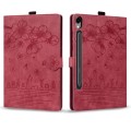 For Samsung Galaxy Tab S9 FE Cartoon Sakura Cat Embossed Leather Tablet Case(Red)