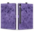 For Samsung Galaxy Tab S9 FE Cartoon Sakura Cat Embossed Leather Tablet Case(Purple)