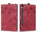 For Samsung Galaxy Tab S9 FE+ Cartoon Sakura Cat Embossed Leather Tablet Case(Red)