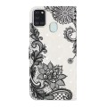 For Samsung Galaxy A21s Oil Embossed 3D Drawing Leather Phone Case(Lace Flower)